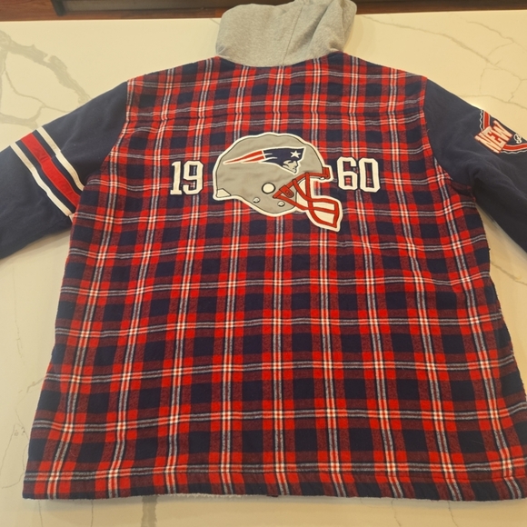 NFL New England Patriots Plaid Embroidered Spellout Flannel Hoodie Jacket XL - Picture 7 of 9